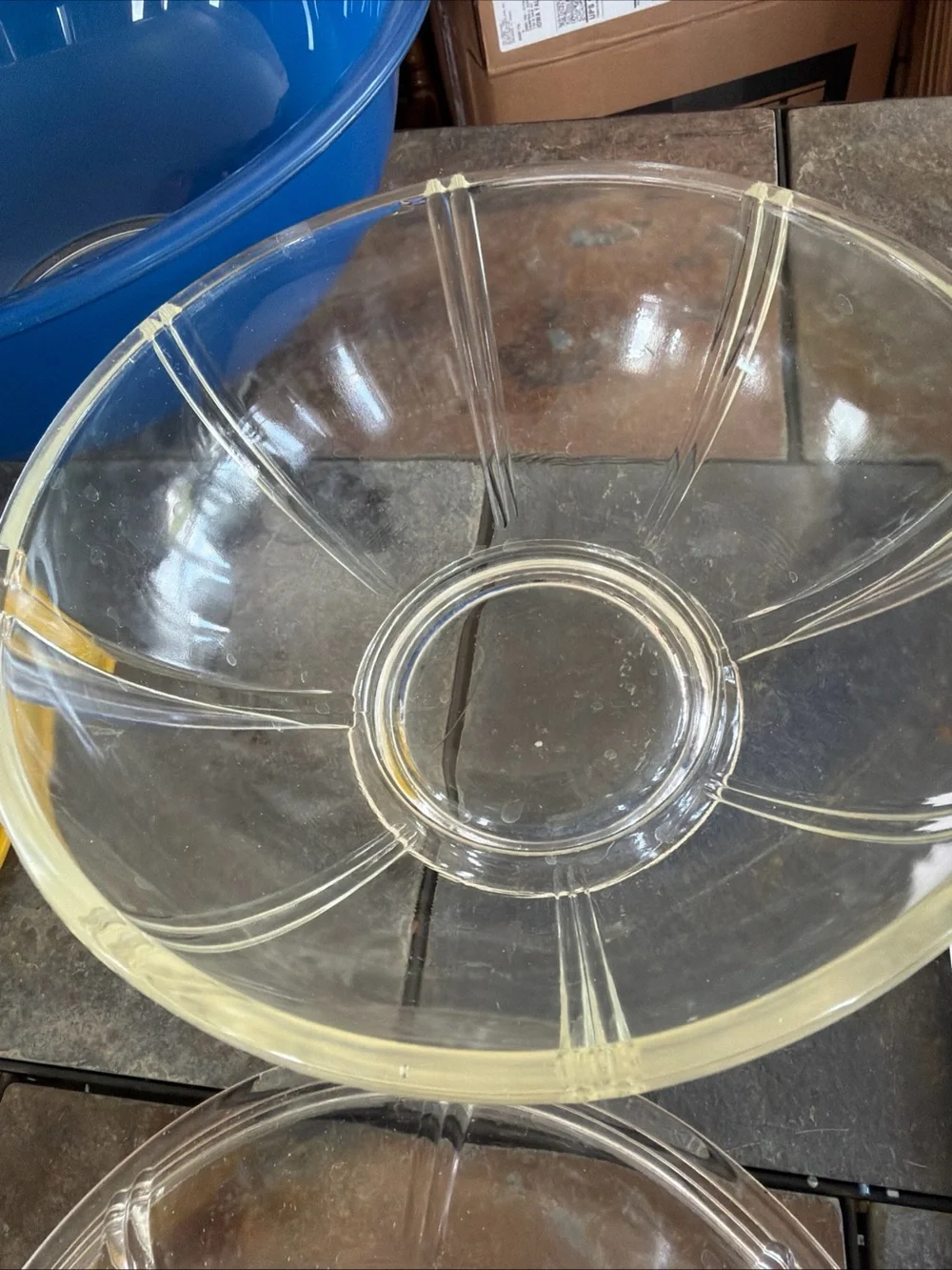 Vintage Blue and Yellow Pyrex Glass Mixing Bowls with Glasbake Queen Anne Casse